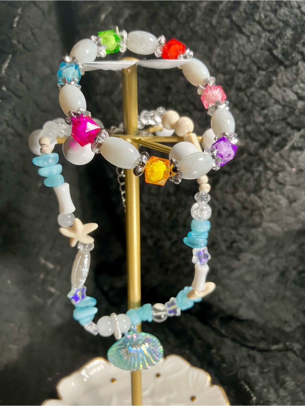 Kids Multicolor Beaded Bracelet Set with Shell Charm